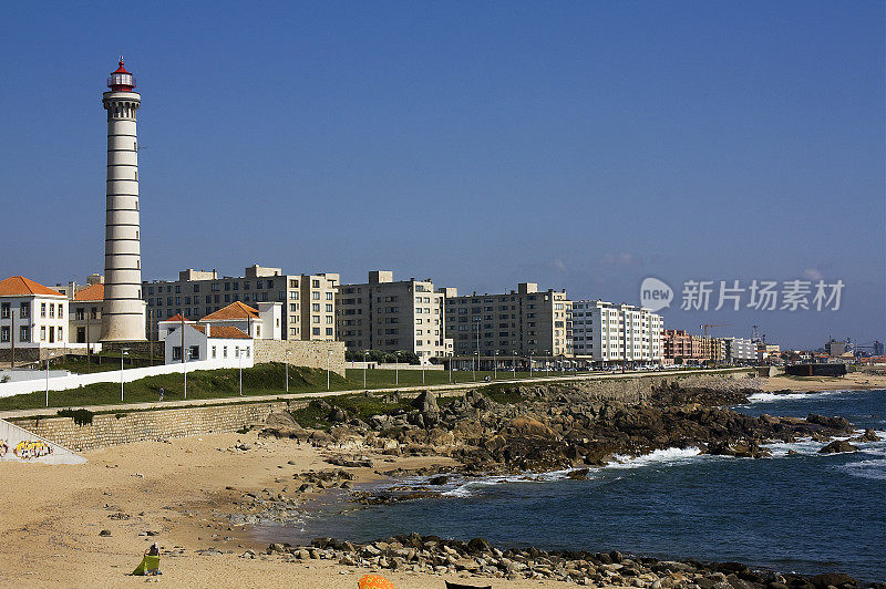 Matosinhos view, beach, Leça lighthouse, row of waterfront apartment buildings,  Leça da Palmeira.